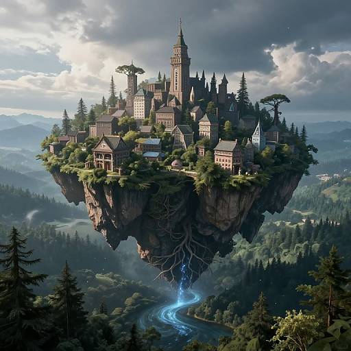 Fantastical digital art of a floating medieval village with tall towers, surrounded by lush trees, atop a rocky cliff; glowing blue river below, cloudy