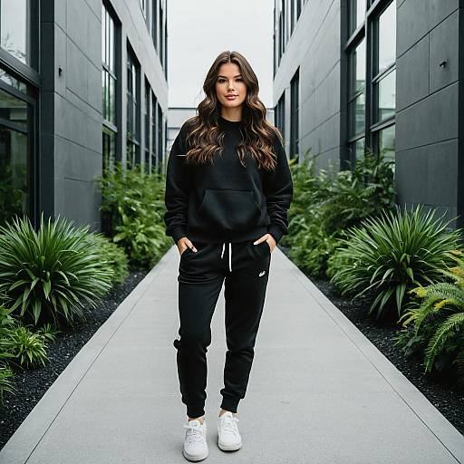 Woman in Black Sweatpants on Modern Pathway