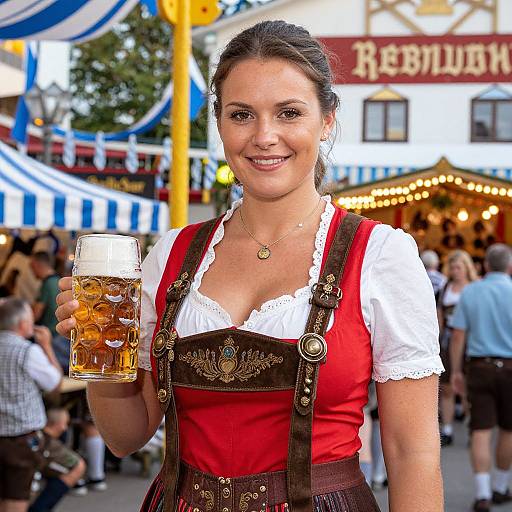 Photograph of a smiling brunette woman in a traditional Bavarian dirndl, holding a frothy beer mug, at a festive outdoor Oktoberfest.