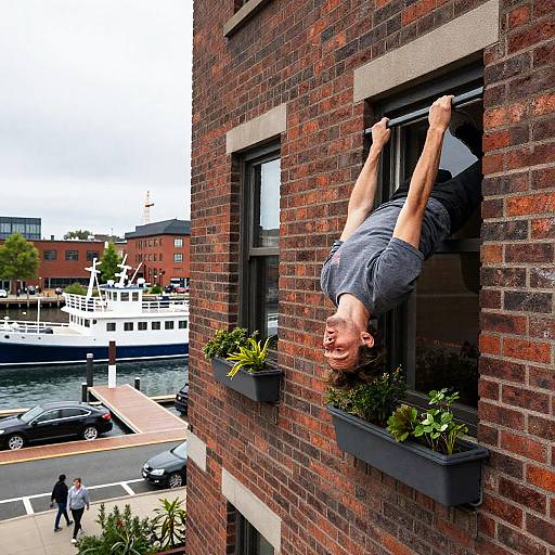 Man Hanging Upside Down from Window