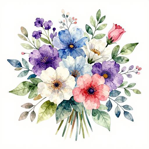 Watercolor floral bouquet with blue, purple, white, and pink flowers, green leaves, and a white background. Delicate, vibrant, and detailed