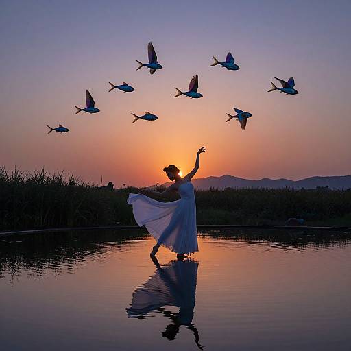 Photograph of a silhouetted woman in a flowing white dress, raising her arm, surrounded by flying birds, at sunset over a reflective water