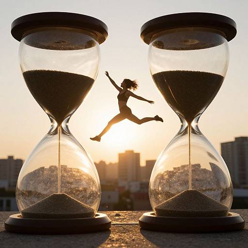 Photograph of two hourglasses with sand, silhouetted girl mid-jump between them, sunset background, city skyline, golden sunlight,