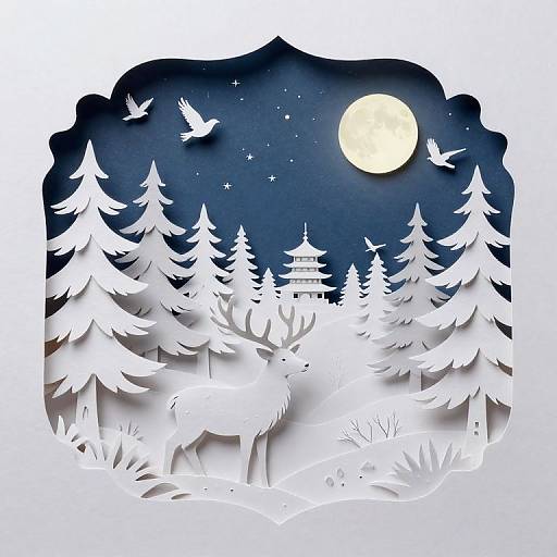 Digital cutout illustration of a snowy forest at night with a full moon, two flying birds, a central deer, and a pagoda in the background