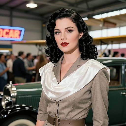 Digital illustration of a 1940s-style woman with dark curled hair, red lipstick, gray blouse with white cowl, and brown belt, standing