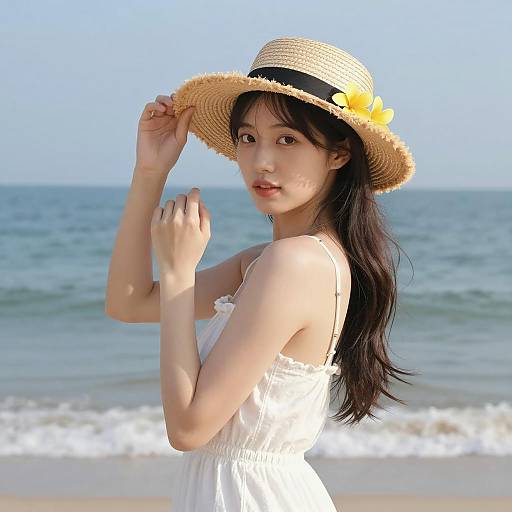 Woman with Straw Hat by the Beach