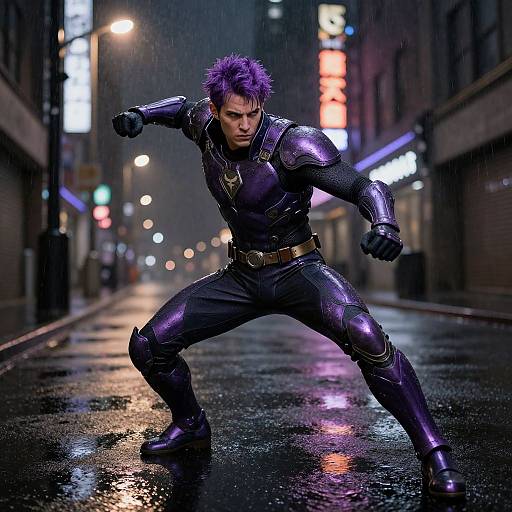 Photorealistic CGI of a muscular man with purple hair in a black, metallic superhero suit, striking a powerful pose on a rainy, neon-lit
