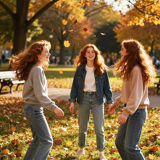 Three laughing redheaded women in jeans and sweaters toss autumn leaves in a sunlit park with colorful fall foliage. Photographic image.