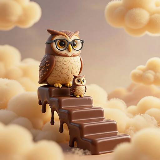 CGI image of a brown, bespectacled owl with a smaller owl on a melting chocolate staircase amidst fluffy, golden clouds.