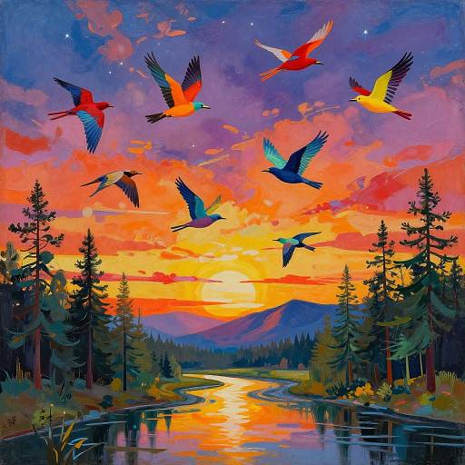Colorful Birds Over Sunset River