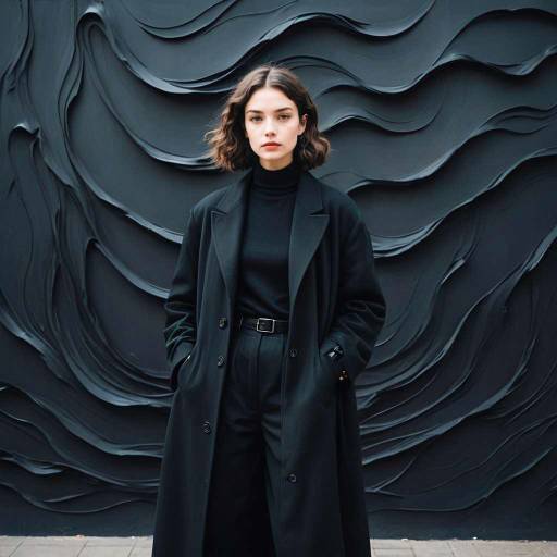 Young Woman in All Black Outfit Against Surreal Backdrop