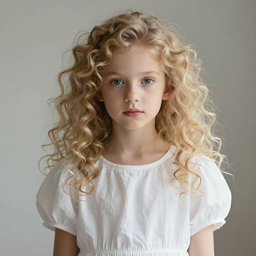 Photograph of a young blonde girl with curly hair, blue eyes, and fair skin, wearing a white short-sleeve blouse, against a plain