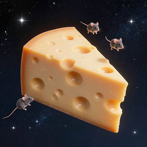 Photorealistic digital artwork of a Swiss cheese wedge floating in space, surrounded by three small, gray mice. Stars and galaxies fill the dark background.