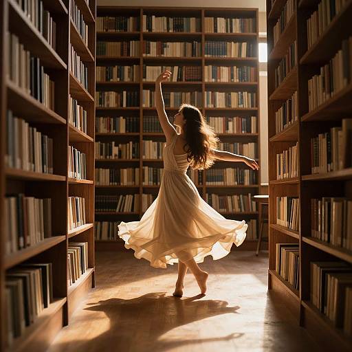 Photograph of a woman with long brown hair in a flowing beige dress dancing between sunlit wooden bookshelves in a library.