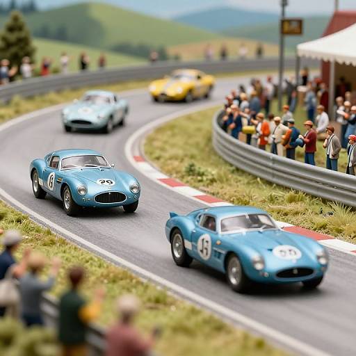Photorealistic CGI of a vintage car race: three blue and one yellow classic cars on a curving racetrack, spectators lining the track,