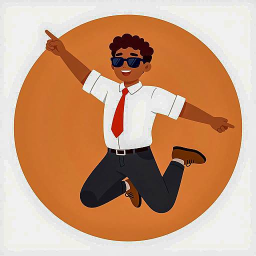 Happy Man Jumping with Pointing Gesture