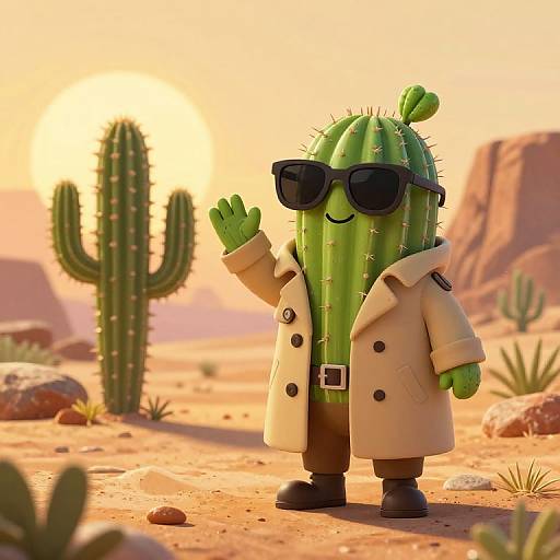 Anthropomorphic Cactus in Desert Cartoon