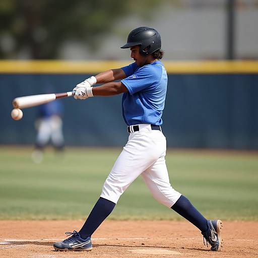 Photograph of a Black male baseball player in blue jersey and white pants, swinging a bat, wearing black helmet and socks, on a sunny field.