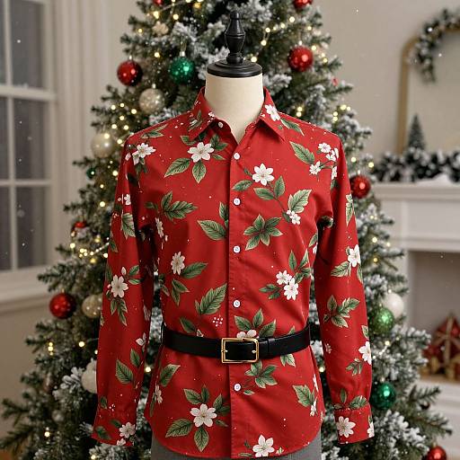 Photograph of a mannequin wearing a red floral shirt with white flowers and green leaves, black belt, in front of a decorated Christmas tree with
