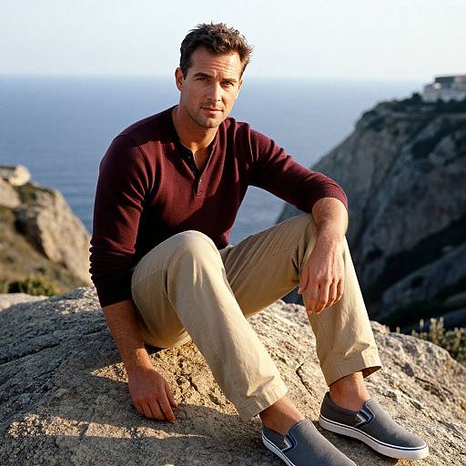 Photograph of a handsome, short-haired man in a maroon polo and beige pants, sitting on a rocky cliff with ocean and mountains in the background