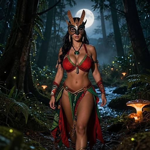 Digital fantasy artwork of a curvy, dark-skinned woman with long black hair, red bikini top, green loincloth, horned mask,