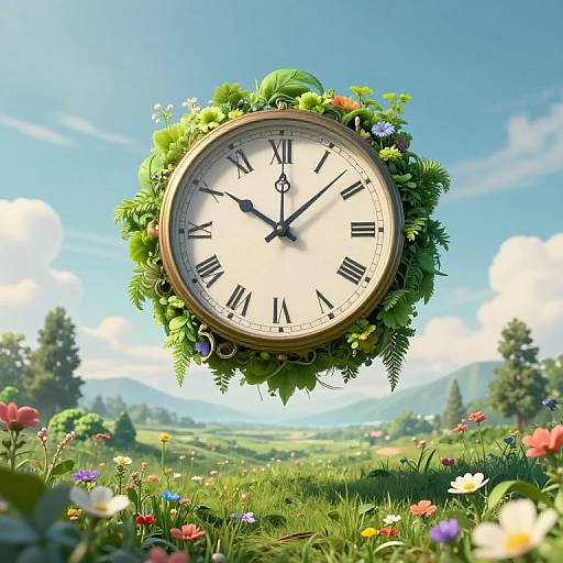 Digital artwork of a floating clock adorned with green foliage and colorful flowers, set against a bright blue sky with lush, floral meadow background.