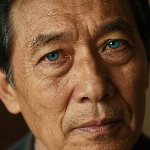 Close-up photograph of an elderly Asian man with deep wrinkles, blue eyes, and graying black hair, showing a serious expression.