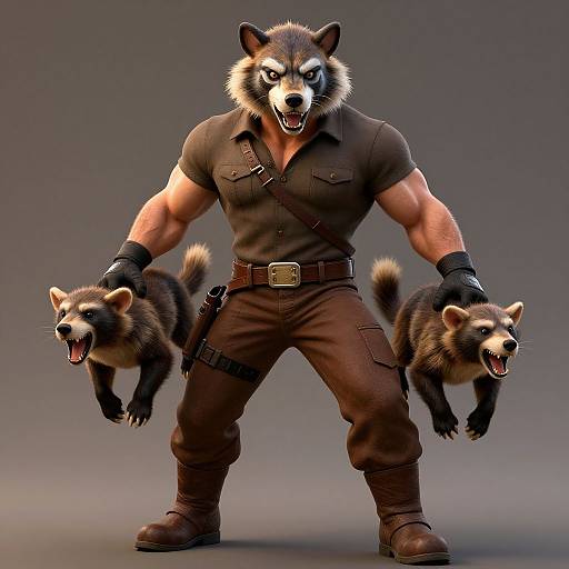 CGI image of a muscular, anthropomorphic wolf-man in brown shirt and pants, holding two snarling raccoons, gray background, fierce