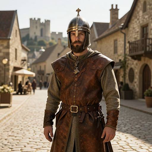 Photograph of a bearded man in medieval armor, brown leather tunic, and iron helmet, standing on a sunlit cobblestone street with