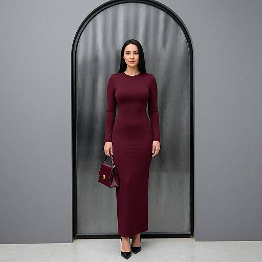 Photograph of a woman with long black hair, wearing a form-fitting, long-sleeve, burgundy dress and black heels, holding a