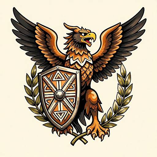 Colorful digital illustration of a fierce, black and orange griffin holding a shield with a geometric design, flanked by laurel leaves.