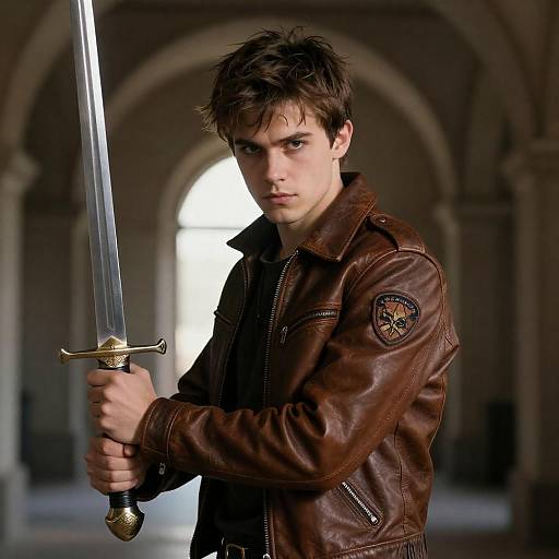 Young Man Holding Sword in Leather Jacket