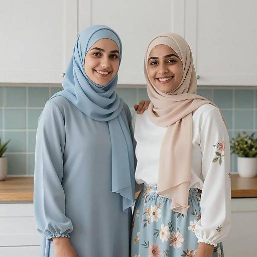 Smiling Women in Kitchen with Hijabs
