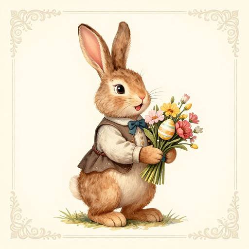 Digital illustration of a cute, brown bunny in a vest and bowtie, holding a colorful bouquet of tulips, standing on grass.