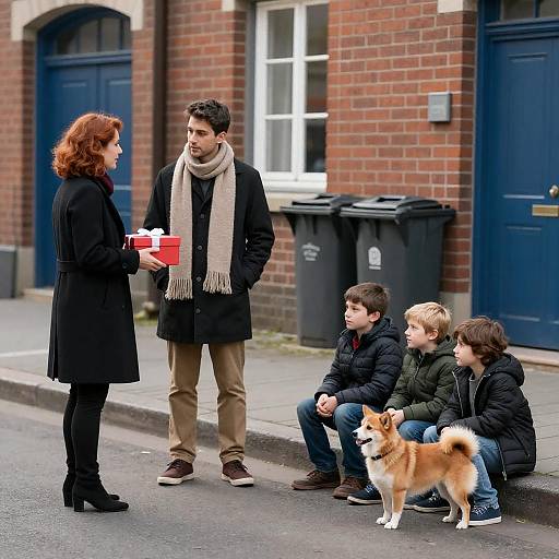 Woman Giving Gift on Street with Family and Dog
