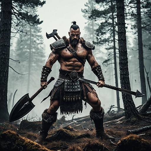 Wrathful Barbarian Charging Through Misty Pines