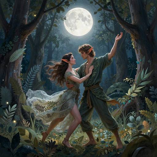 Magical forest moonlit scene: a dancing couple in ancient attire, with flowing hair and red headbands, surrounded by lush greenery and glowing fire
