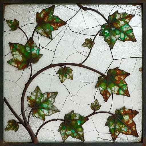 Stained glass artwork of green and brown leafy branches on a white, cracked background, with a black border framing the piece.