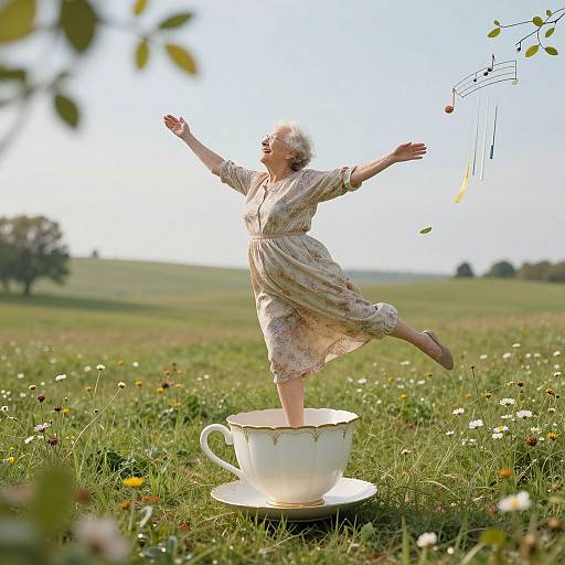 Photograph of a joyful, blonde woman in a floral dress, dancing on a white teacup in a sunny meadow, with outstretched