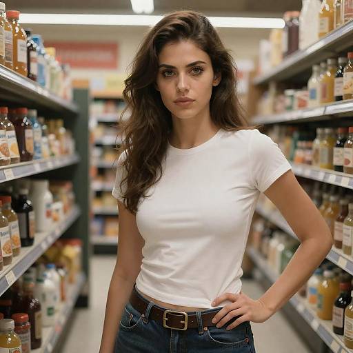 Woman in White T-Shirt in Supermarket Aisle