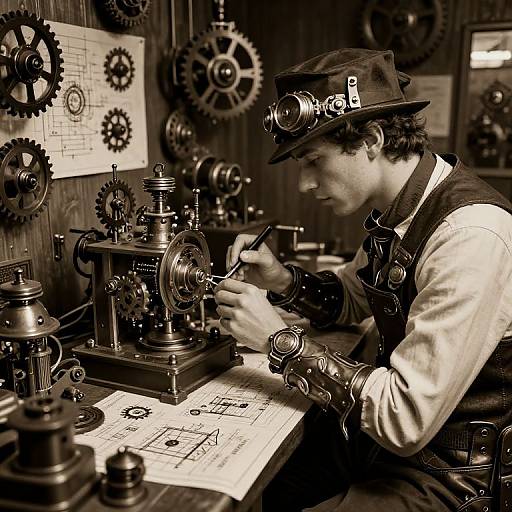 Sepia-toned photograph of a steampunk inventor with goggles, hat, and vest, meticulously working on complex machinery surrounded by gears.