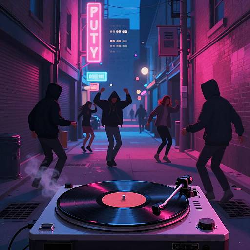 Neon-lit alley at night with five silhouetted dancers, a spinning vinyl record in the foreground, and vibrant pink and blue lights.