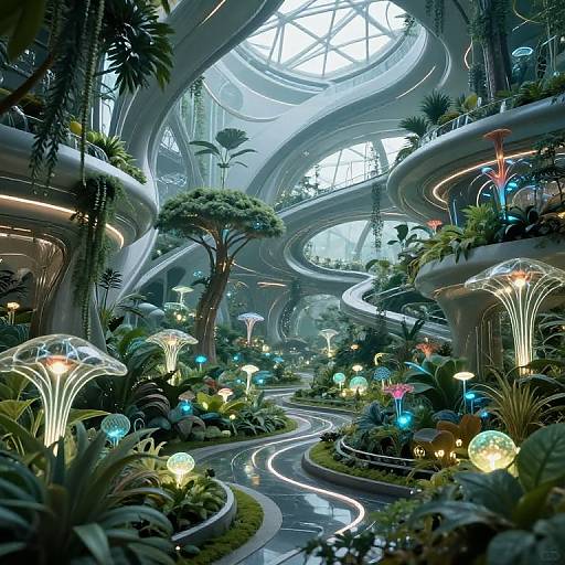 Photorealistic digital art of a futuristic, luminous indoor garden with winding pathways, glowing mushrooms, and curved, glass-domed ceilings.