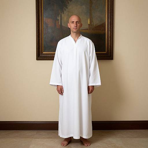 Photograph of a bald, fair-skinned man in a white, long-sleeved robe standing barefoot in front of a framed, dark-ton