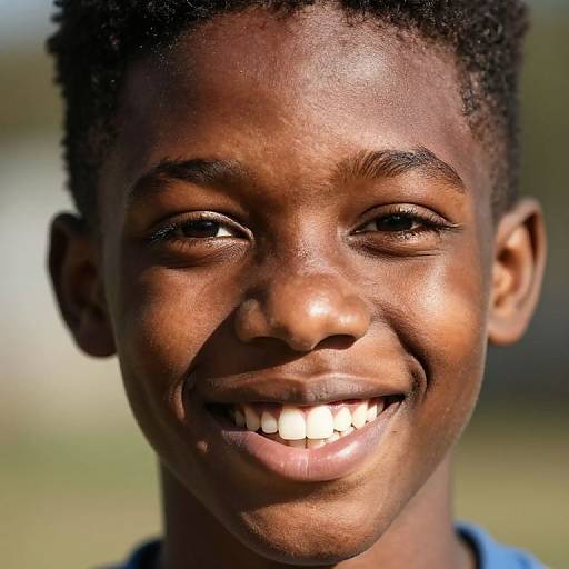 Close-up photograph of a smiling young African boy with dark brown skin, short curly hair, and bright white teeth, set against a blurred outdoor background.