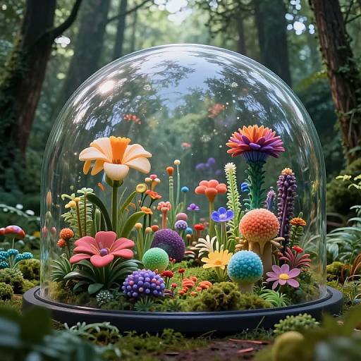 Photograph of a vibrant, colorful miniature garden inside a clear dome, featuring various oversized, multicolored flowers and mushrooms, set in a lush forest