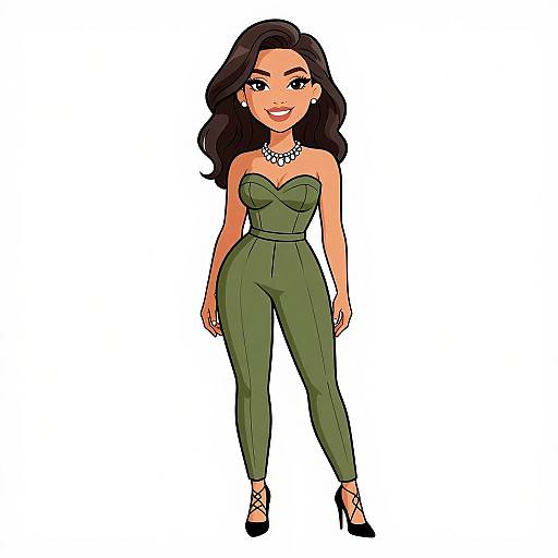 Digital illustration of a confident woman with long black hair, wearing a green strapless jumpsuit, black heels, and a diamond necklace.