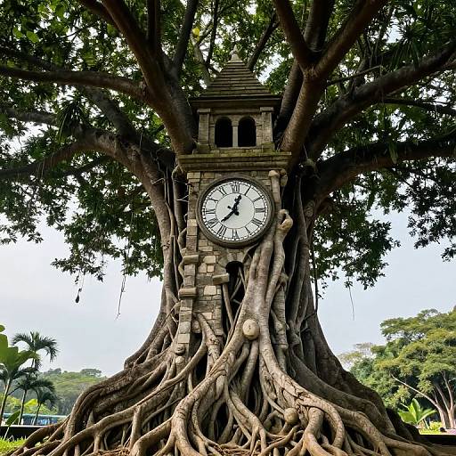 Photograph of a large, ancient tree with thick, gnarled roots enveloping a vintage clock tower with a white clock face, set in a