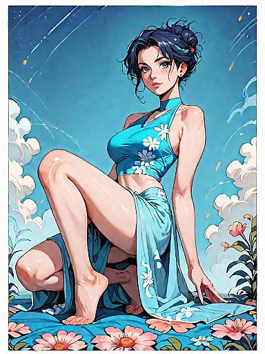 Anime Girl in Blue Floral Outfit by Night