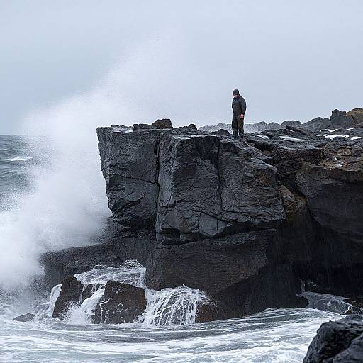 Volcanic Cliff Fisherman in Storm